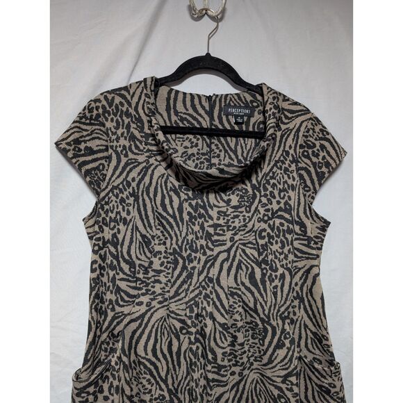 Perceptions Gray Black Animal Print Shift Dress Cowl Neck Pockets Women's 14 - Picture 2 of 8